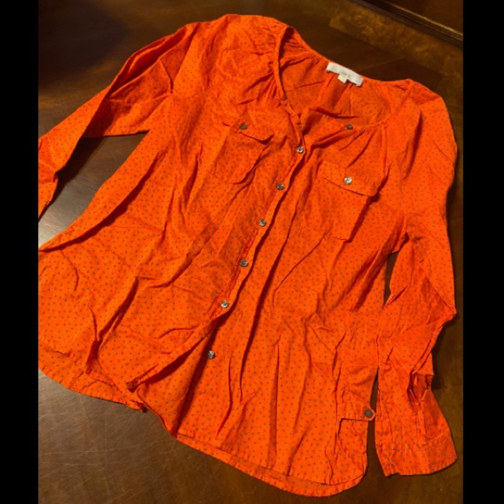 LOFT Orange Button-Front Blouse with Chest Pockets